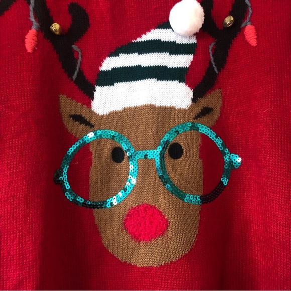 Women’s Red Christmas Sweater, Rudolf on Front and Jungle Bell Details Size S - Picture 4 of 5